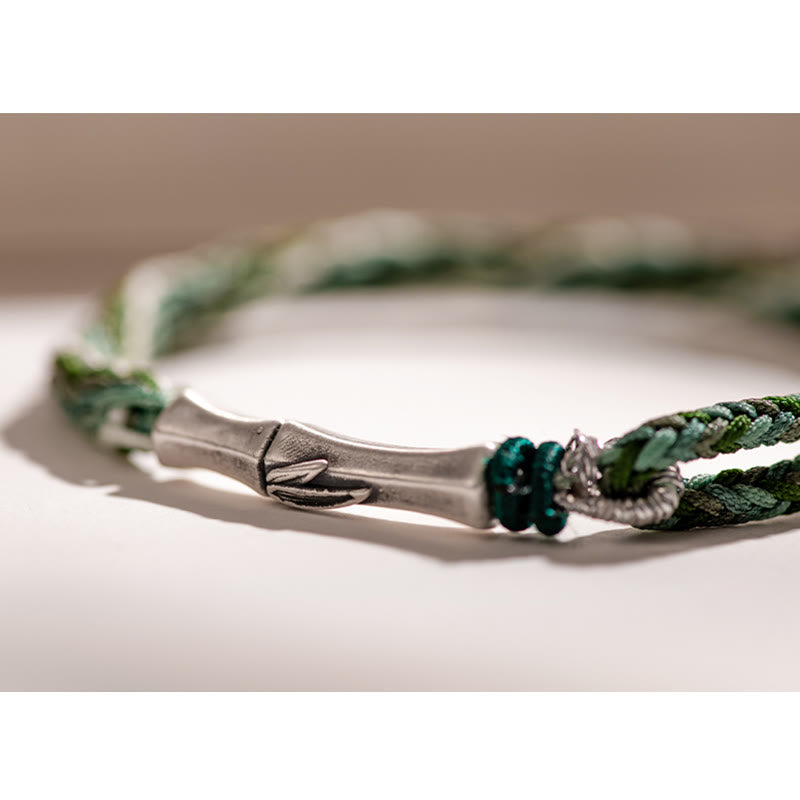 Braccialetto in argento sterling 925 con nodo di reincarnazione in bambù e corda di protezione dalla fortuna