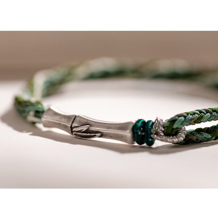 Braccialetto in argento sterling 925 con nodo di reincarnazione in bambù e corda di protezione dalla fortuna