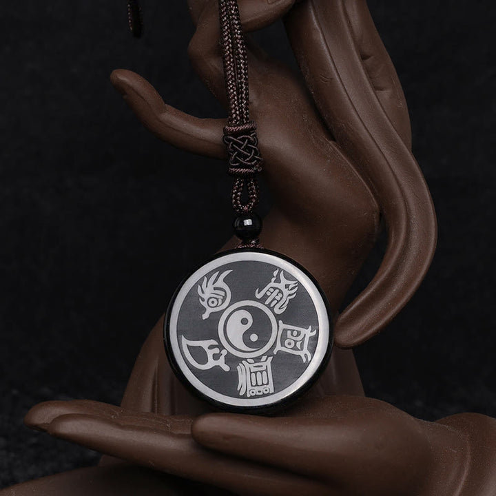 Buddha Stones Ossidiana nera Taoismo Cinque montagne sacre Mantra a nove caratteri Intagliato Purificazione Yin Yang Collana pendente - image 10