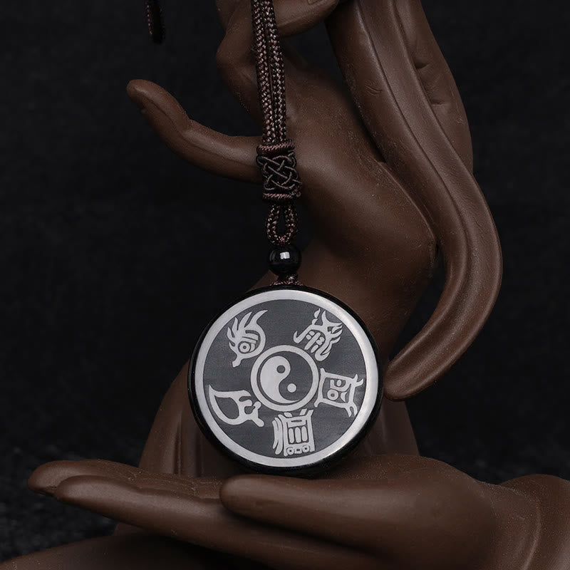 Buddha Stones Ossidiana nera Taoismo Cinque montagne sacre Mantra a nove caratteri Intagliato Purificazione Yin Yang Collana pendente - image 9