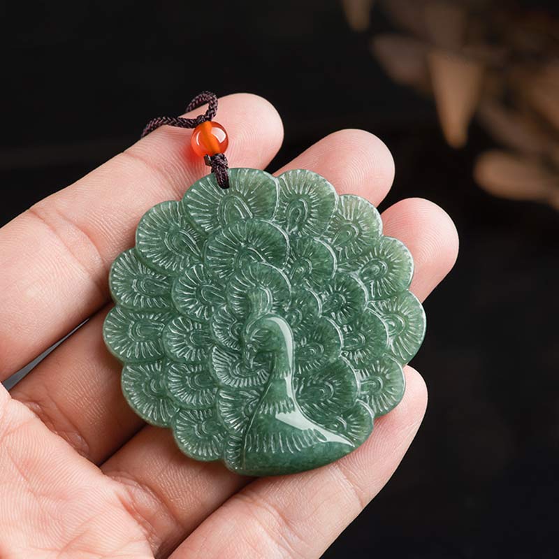 Collana con ciondolo di pavone in giada naturale e fortuna e prosperità