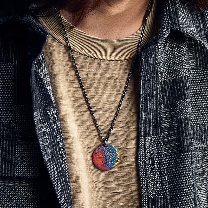 Collana con ciondolo a forma Buddha Stones in argento sterling 999 e oro 24K, metà demone e metà Buddha, con compassione - image 7