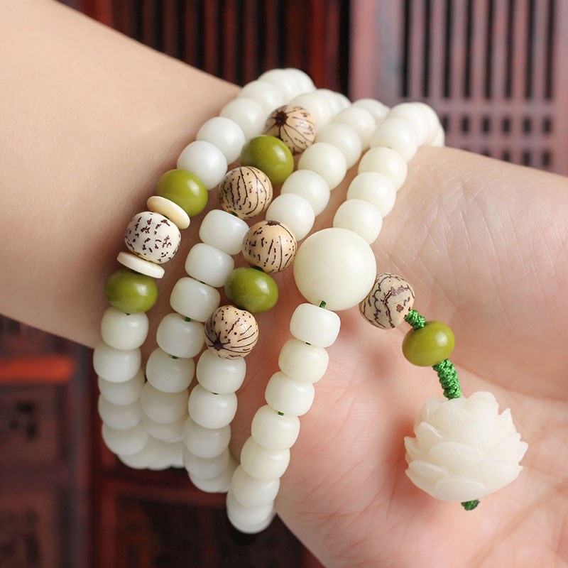 Collana con bracciale in giada bianca Bodhi Lotus Mala Harmony Buddha Stones