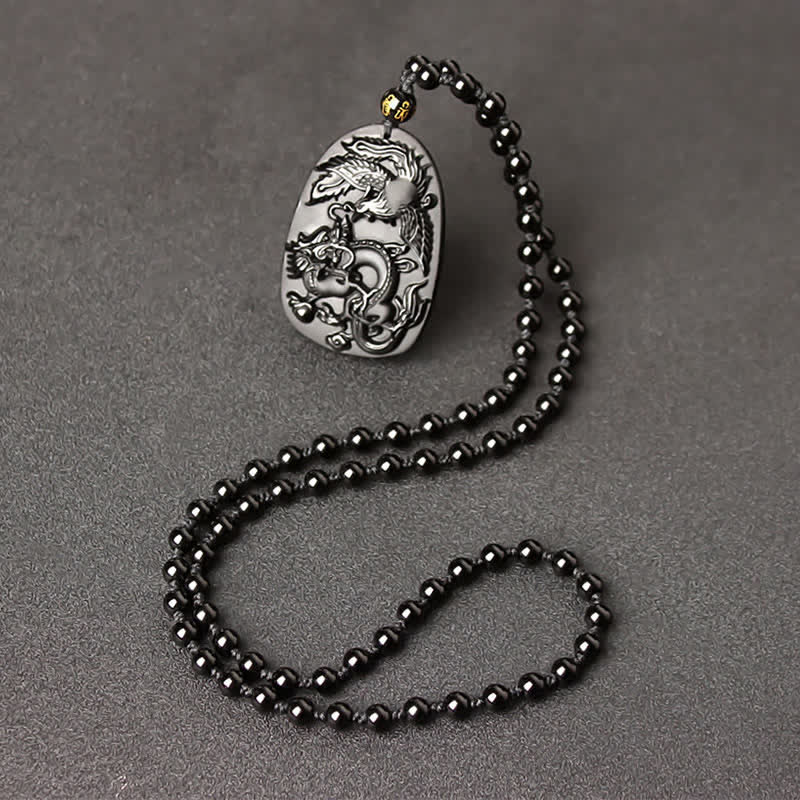 Collana con ciondolo di perline di protezione in ossidiana nera con occhio di tigre, drago e fenice - Catena di perle di ossidiana - image 10