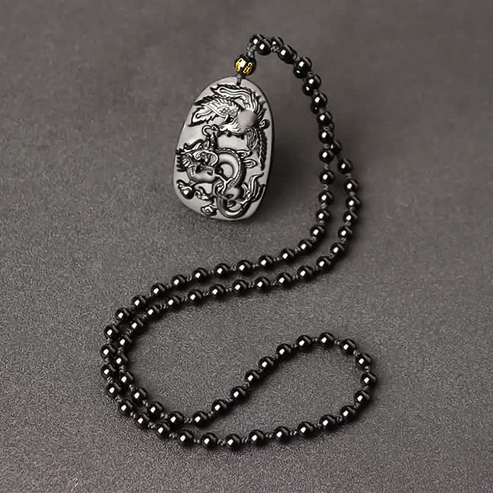 Collana con ciondolo di perline di protezione in ossidiana nera con occhio di tigre, drago e fenice - Catena di perle di ossidiana - image 10