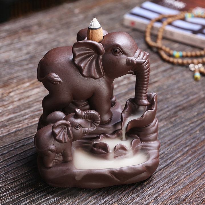 Decorazione per bruciatore di incenso con protezione per fontana di fumo a riflusso in argilla viola elefante tibetano