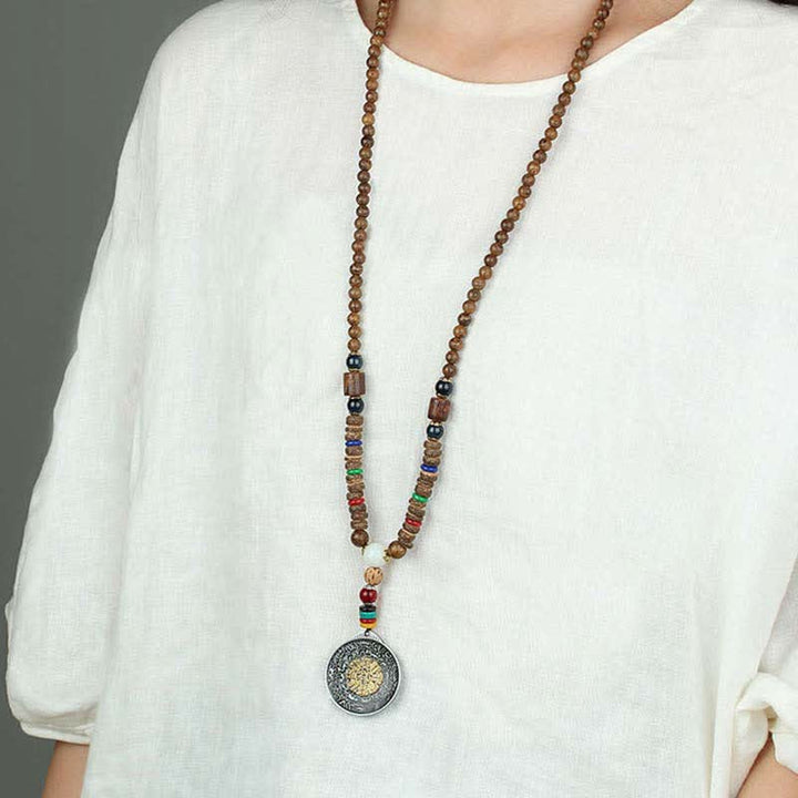 Buddha Stones Tibetano Om Mani Padme Hum Ruota della Preghiera Rotazione Vajra Collana Pendente in Legno - image 23