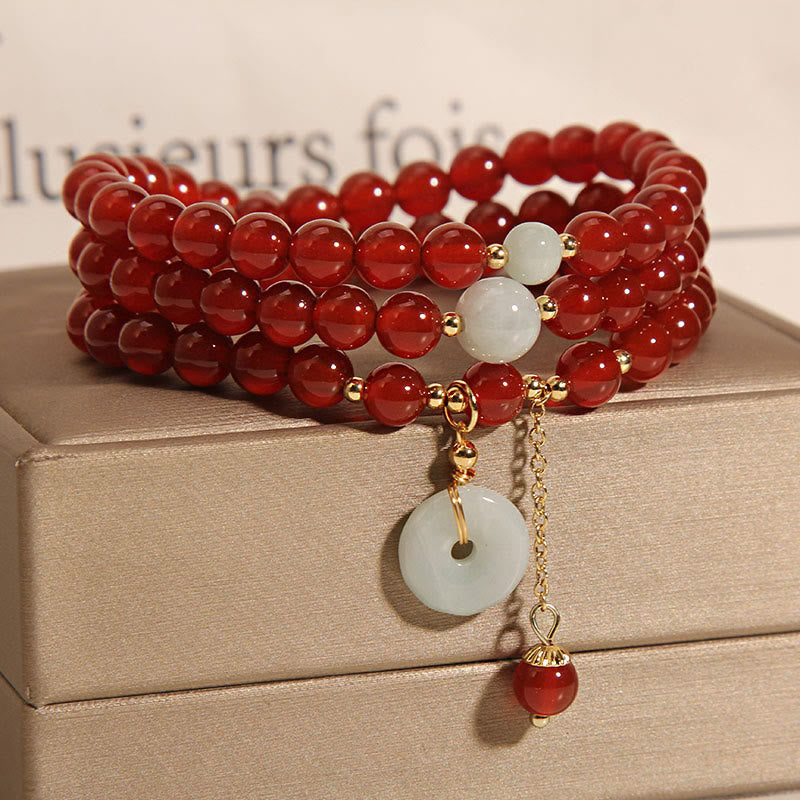 Braccialetto triplo giro con fibbia della pace in agata rossa naturale Buddha Stones Jade Peace