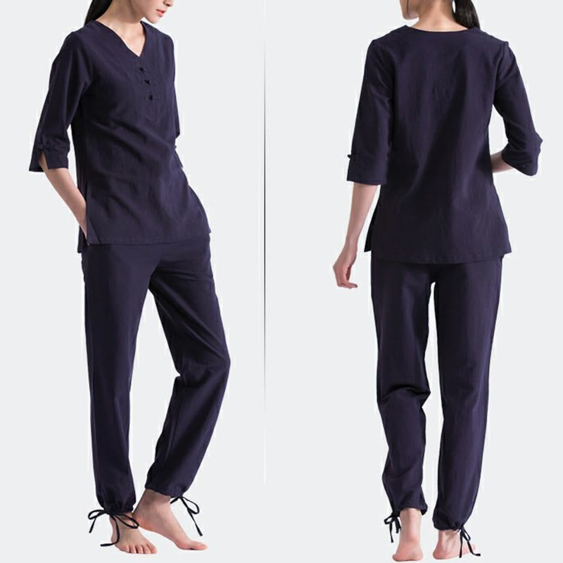 Buddha Stones Yoga Meditazione Preghiera Scollo a V Design Cotone Lino Abbigliamento Uniforme Zen Pratica Set da Donna