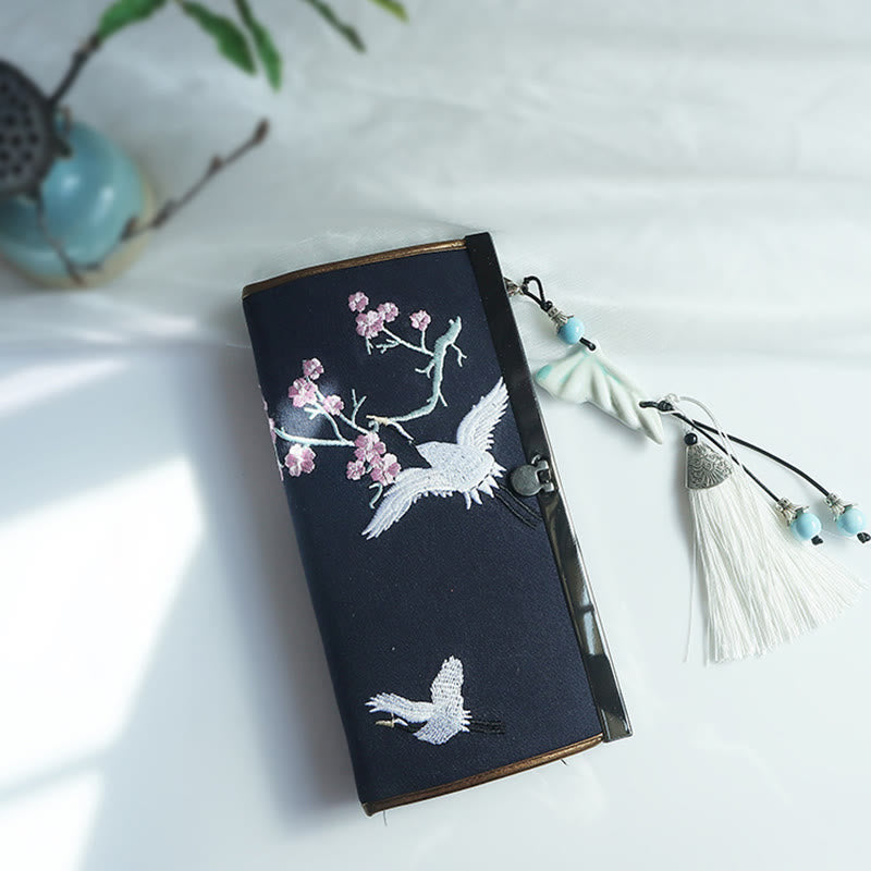 Portafoglio portasoldi grande capacità con ricamo a doppia faccia, Buddha Stones, fiori di prugna, fiori di pesco, bambù, borsa per la spesa - Gru ciliegia blu navy - image 25