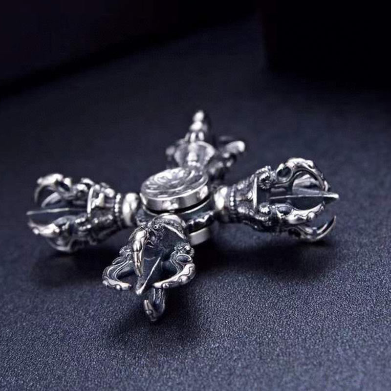 Buddha Stones Tibetano Argento Sterling 925 Doppio Dorje Vajra Inciso Ciondolo Potere Spirituale