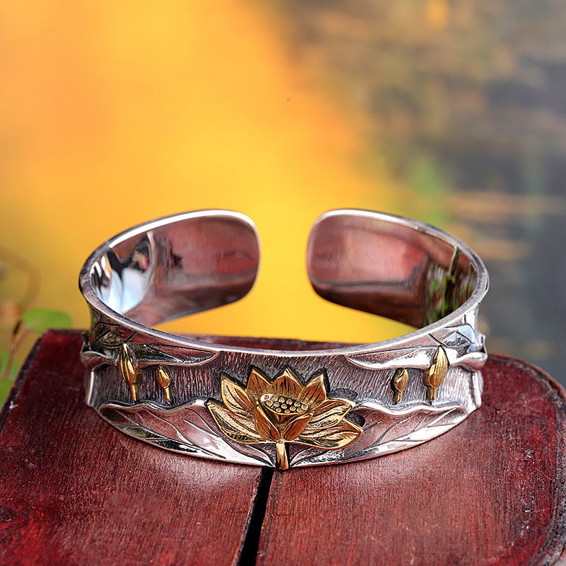 Braccialetto regolabile Buddha Stones 925 Sterling Silver Lotus Flower Calm