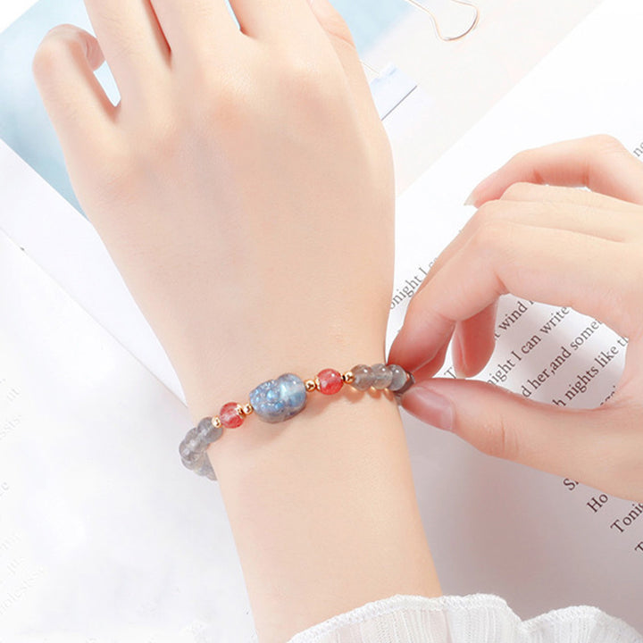 Braccialetto di guarigione PiXiu con pietre di luna, quarzo fragola e Buddha Stones