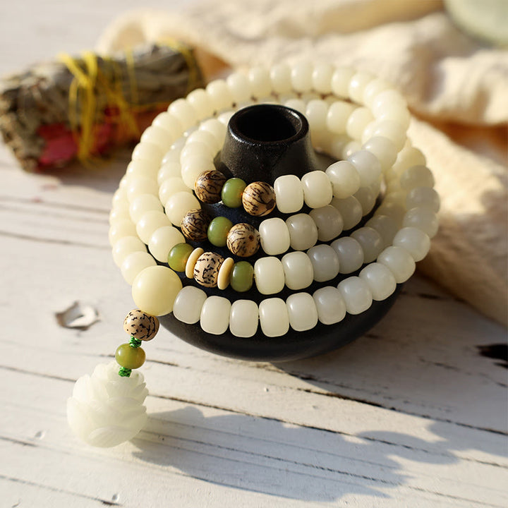 Collana con bracciale in giada bianca Bodhi Lotus Mala Harmony Buddha Stones