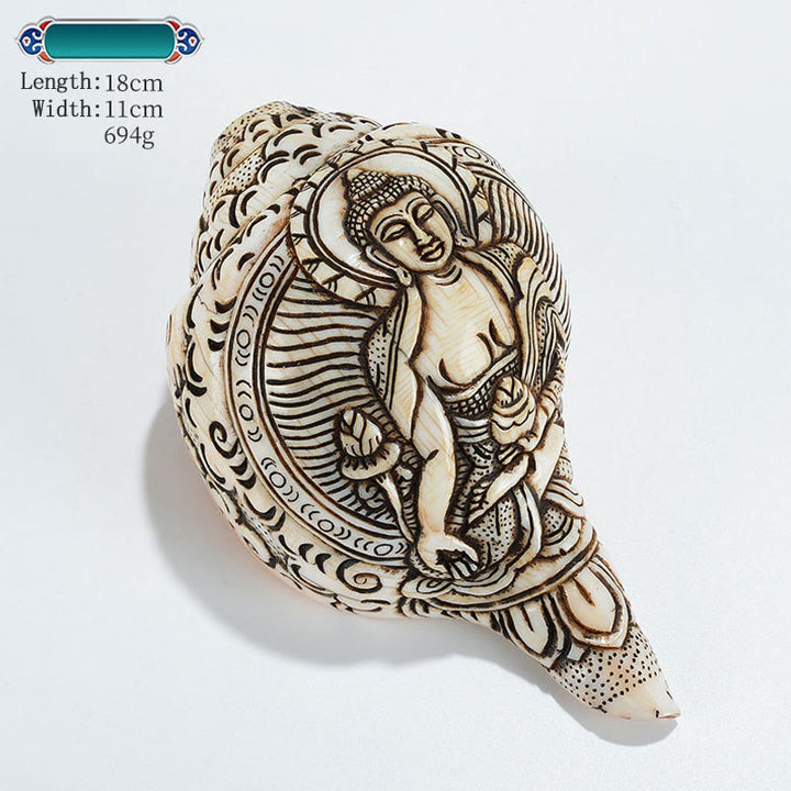 Decorazione di ricchezza di conchiglia di conchiglia di Avalokitesvara Buddha tibetano inciso a mano Shankha