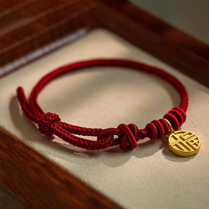 Braccialetto di corda rossa con ciondolo a forma di carattere Fu con nodo della pace a otto fili fatto a mano Buddha Stones