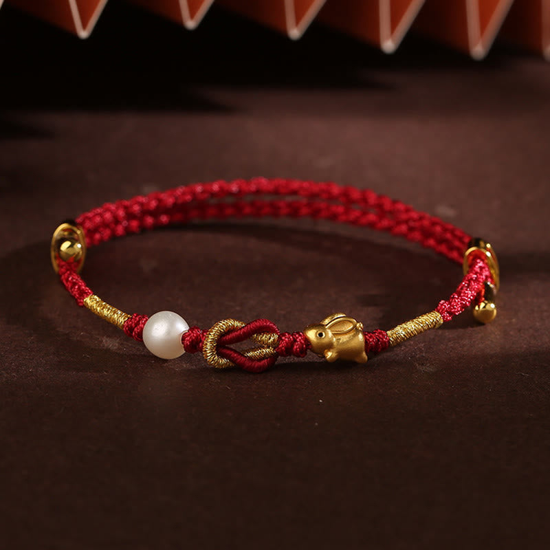 Buddha Stones 24K Oro Desiderio Ruyi Maniglia Fu Carattere Coniglio Perla Fortuna Bracciale Intrecciato - Collana con perla a forma di coniglio in oro 24 carati (circonferenza del polso 14-19 cm) - image 10