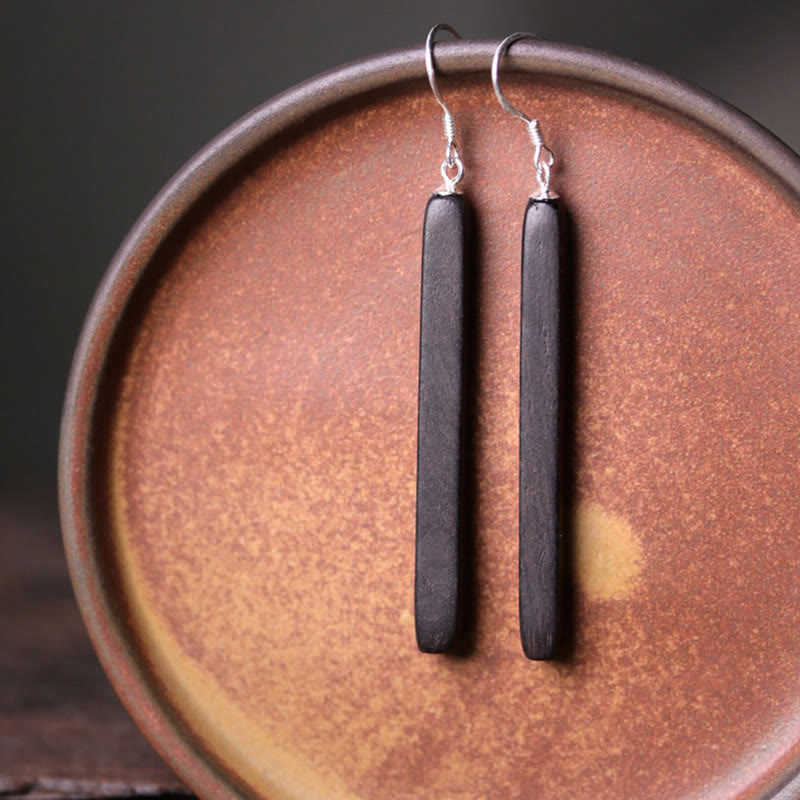Orecchini pendenti Buddha Stones 925 Sterling Silver Ebony Wood Texture Balance Peace Drop