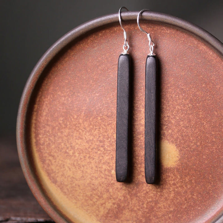Orecchini pendenti Buddha Stones 925 Sterling Silver Ebony Wood Texture Balance Peace Drop