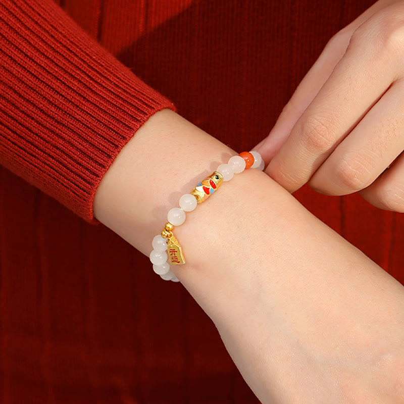 Bracciale Buddha Stones 925 Sterling Silver Hetian Giada Bianca Agata Rossa Koi Pesce Fortuna Felicità