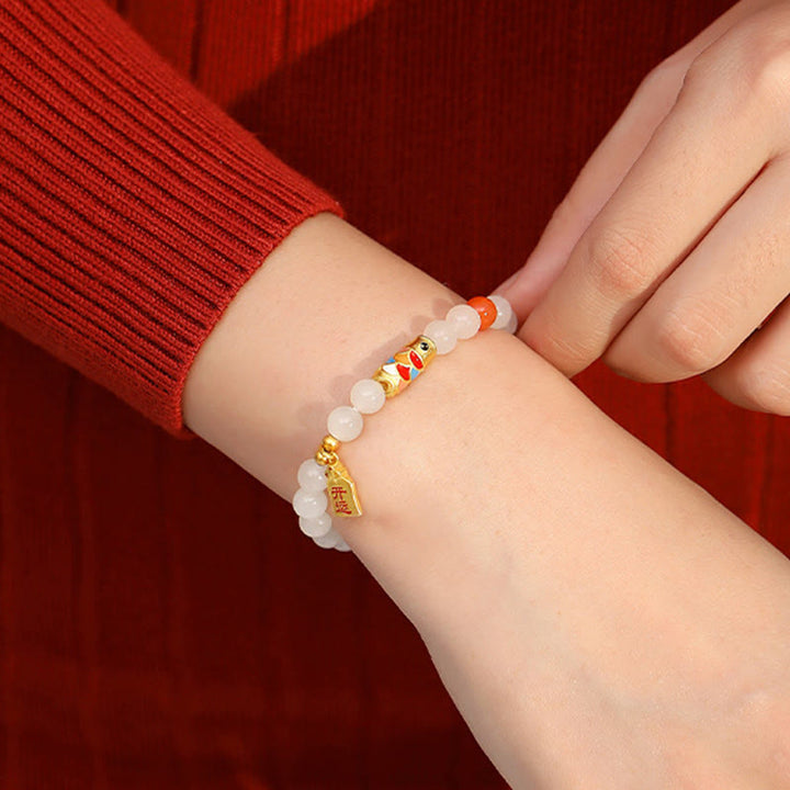 Bracciale Buddha Stones 925 Sterling Silver Hetian Giada Bianca Agata Rossa Koi Pesce Fortuna Felicità