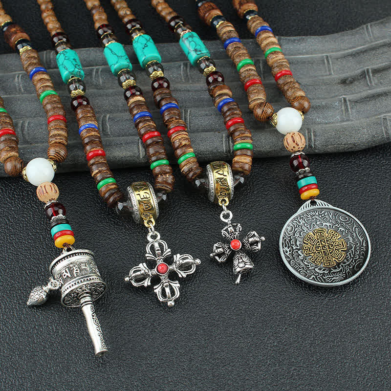 Buddha Stones Tibetano Om Mani Padme Hum Ruota della Preghiera Rotazione Vajra Collana Pendente in Legno - image 15