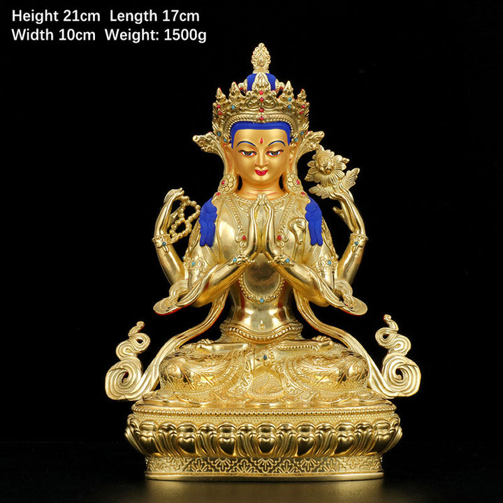 Statua di protezione di Avalokitesvara a quattro braccia di Chenrezig, placcata in oro e rame