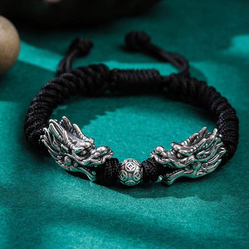 Bracciale intrecciato fatto a mano con doppio drago in argento sterling 999 Buddha Stones