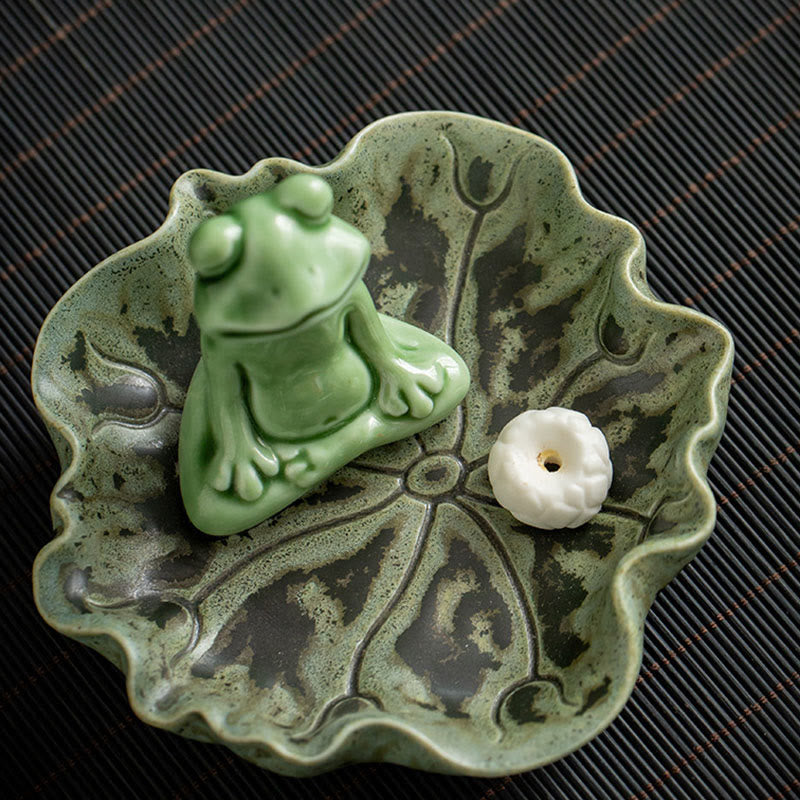 Buddha Stones Foglia Meditazione Rana Modello Guarigione Ceramica Bruciatore Incenso Decorazione