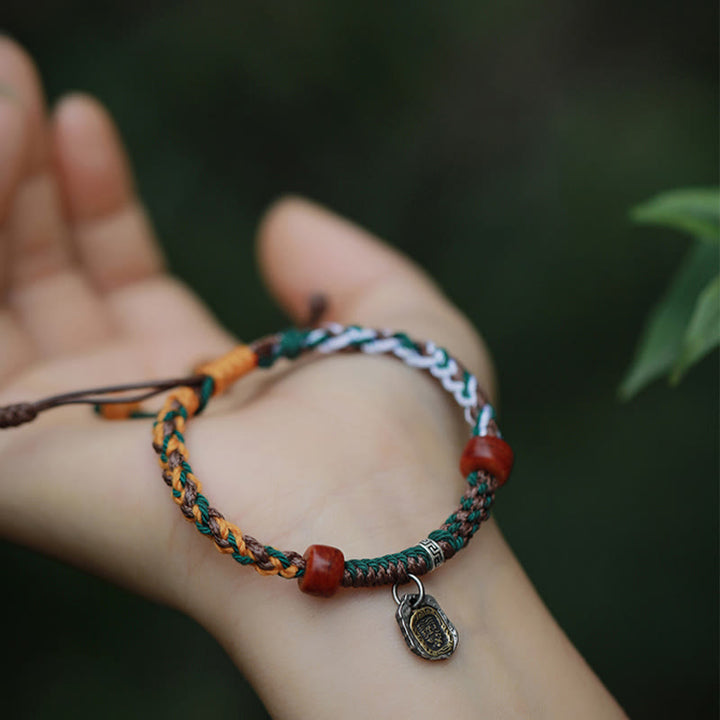 Bracciale intrecciato con protezione in osso di cammello , Buddha Stones 925, con dea della ricchezza, Zakiram