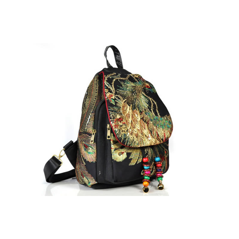 Zaino in tela con nappa e ricamo di pavone Buddha Stones