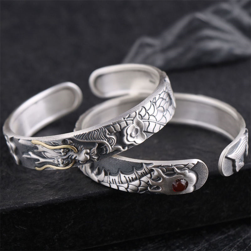 Braccialetto di protezione della forza del drago in argento sterling 999 Buddha Stones