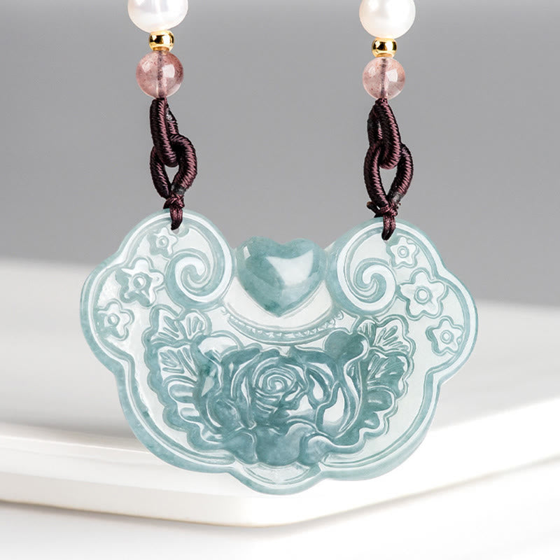 Collana con Buddha Stones a forma di fiore di peonia in giada naturale con ciondolo a forma di lucchetto di buoni auguri e prosperità