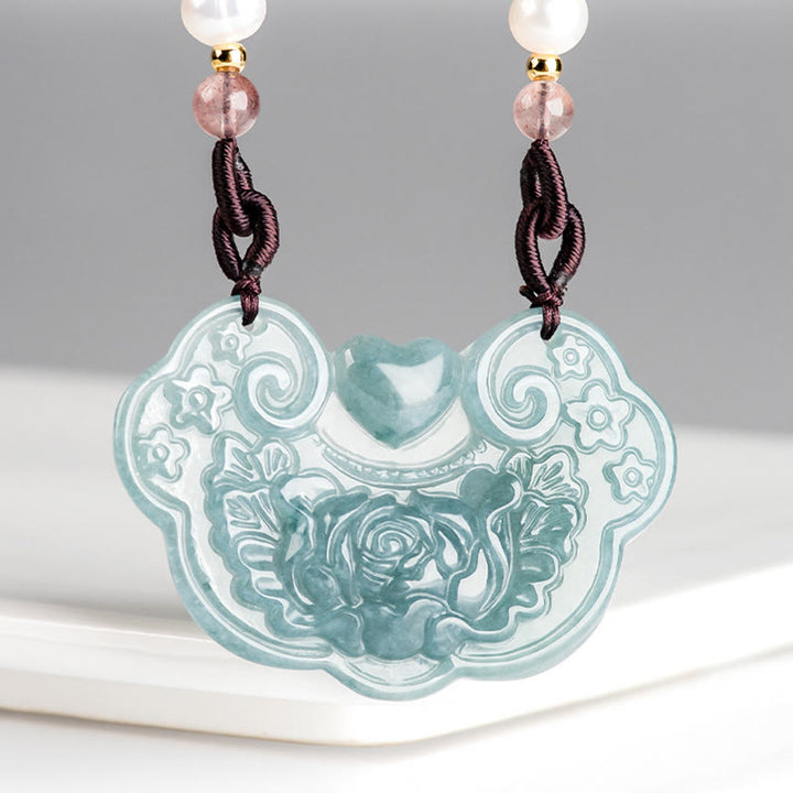 Collana con Buddha Stones a forma di fiore di peonia in giada naturale con ciondolo a forma di lucchetto di buoni auguri e prosperità