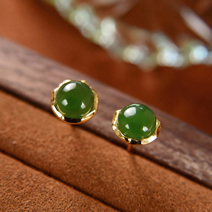 Orecchini a bottone con perline di giada ciano naturale Hetian in argento sterling 925 placcato oro Buddha Stones