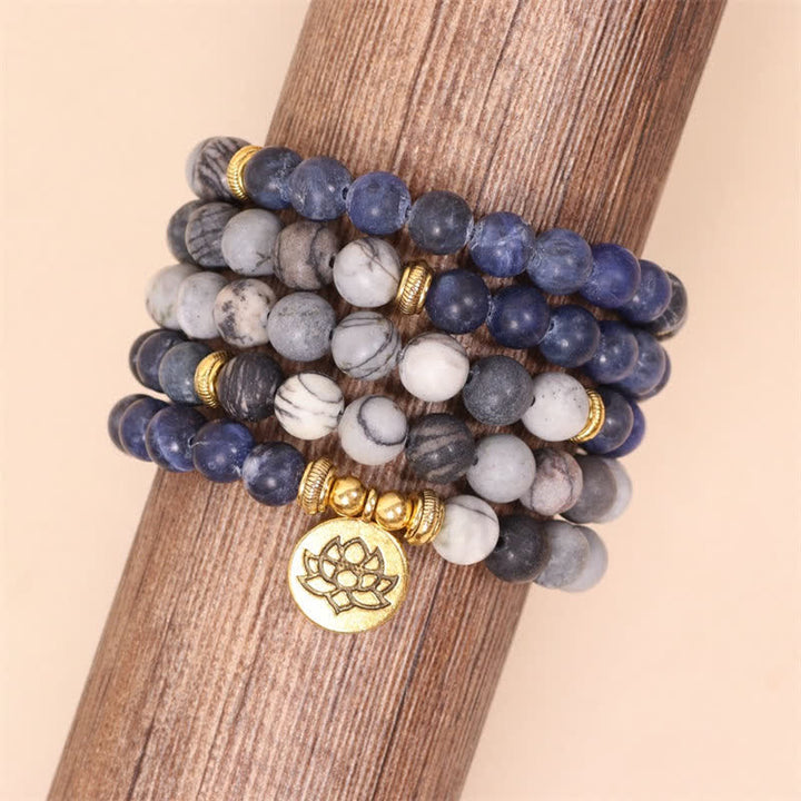 Buddha Stones 108 Mala Beads Sodalite Zebra Jasper Cristallo Lotus Strength Bracciale