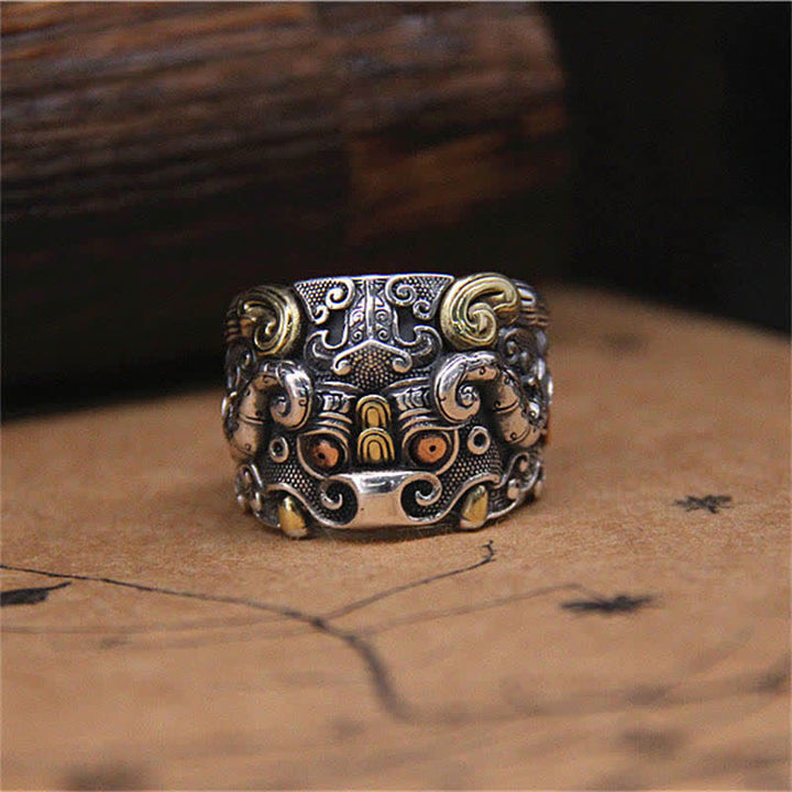 Anello regolabile con protezione del bestiame Fengshui Kui in argento sterling 925 Buddha Stones