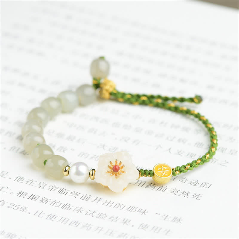 Braccialetto portafortuna in argento sterling 925 con giada naturale Hetian e fiori di pesco