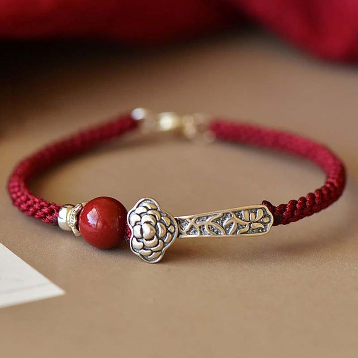 Braccialetto di corda di benedizione in argento sterling 925 con Buddha Stones cinabro