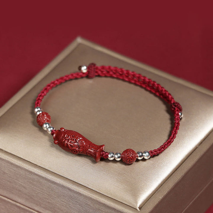 Bracciale intrecciato con moneta di rame, pesce koi, cinabro, Fu, argento sterling 925 , Buddha Stones