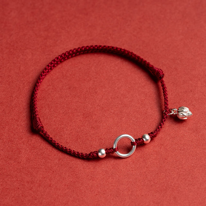 Braccialetto in corda rossa con fibbia in argento sterling 925 Buddha Stones Lucky Fortune Peace Joy Lotus Peace