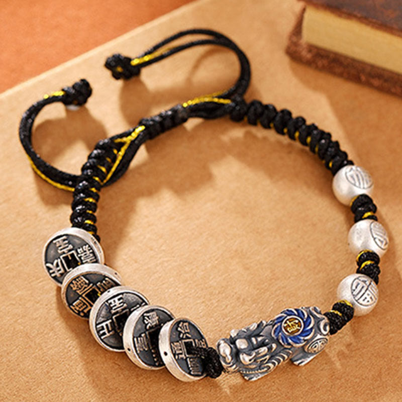 Bracciale intrecciato con moneta di rame PiXiu FengShui in argento sterling 999 con pietre Buddha Stones, carattere Fu, ricchezza