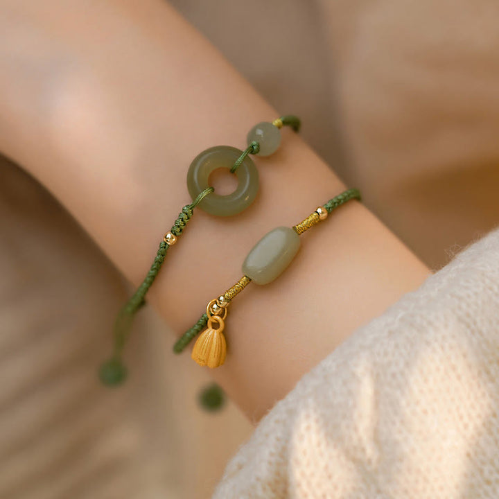 Braccialetto con ciondolo a forma di corda con Buddha Stones , ciondolo a forma di loto, giada e ciondolo per la pace