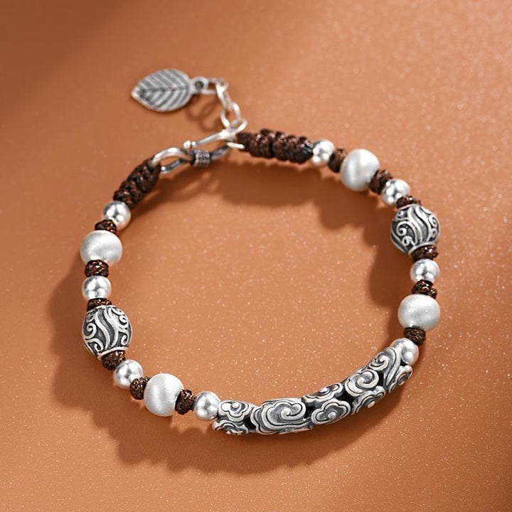 Braccialetto di corda di ricchezza con nuvola di buon auspicio in argento sterling 999 fatto a mano in rame Buddha Stones in Tibet