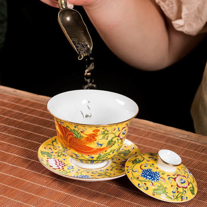 Buddha Stones Dragon Phoenix Flower Design Ceramica Gaiwan Sancai Tazza da tè Kung Fu Tazza da tè e piattino con coperchio