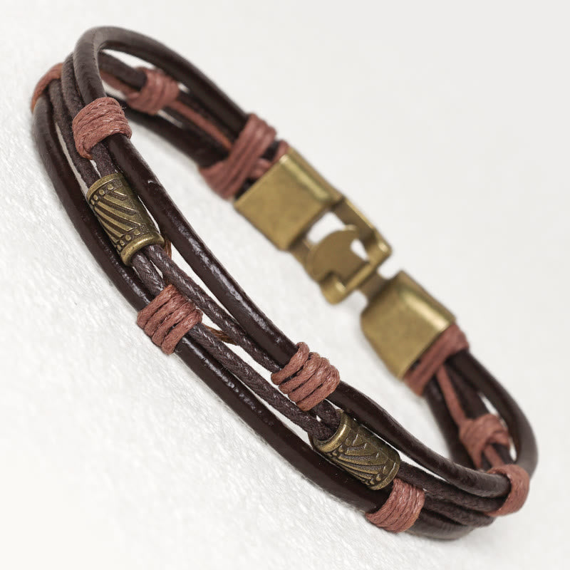 Braccialetto a strati in corda marrone con cinturino in pelle vintage Buddha Stones - Filo marrone chiaro (circonferenza del polso: 19-21 cm) - image 0