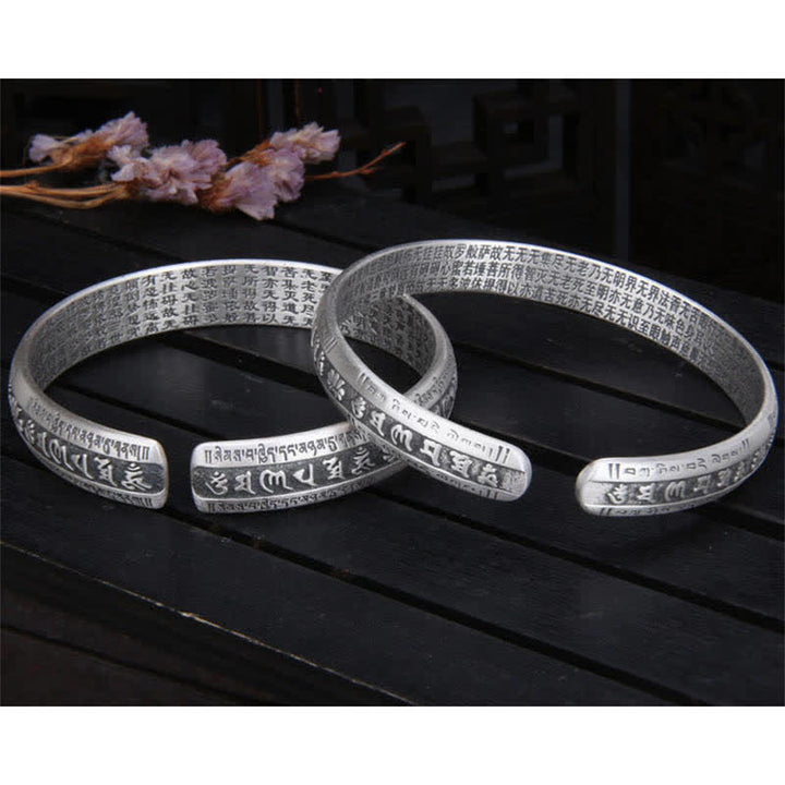 Buddha Stones 999 Sterling Silver Om Mani Padme Hum Cuore Sutra Lotus Peace Bracciale Bangle