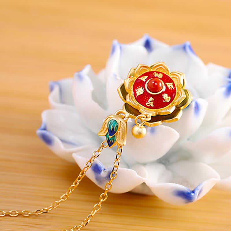 Collana con ciondolo dell'illuminazione in agata rossa con ruota di preghiera del loto tibetano in argento sterling 925 - image 2