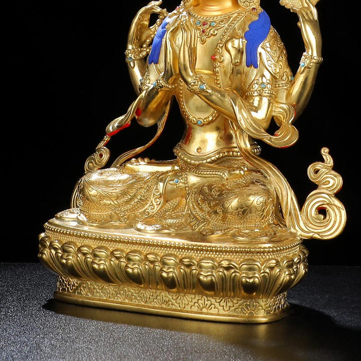 Statua di protezione di Avalokitesvara a quattro braccia di Chenrezig, placcata in oro e rame