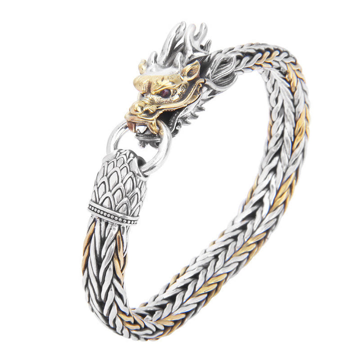 Braccialetto in metallo intrecciato con design a forma di drago Buddha Stones in argento sterling 925 Anno del drago di buon auspicio
